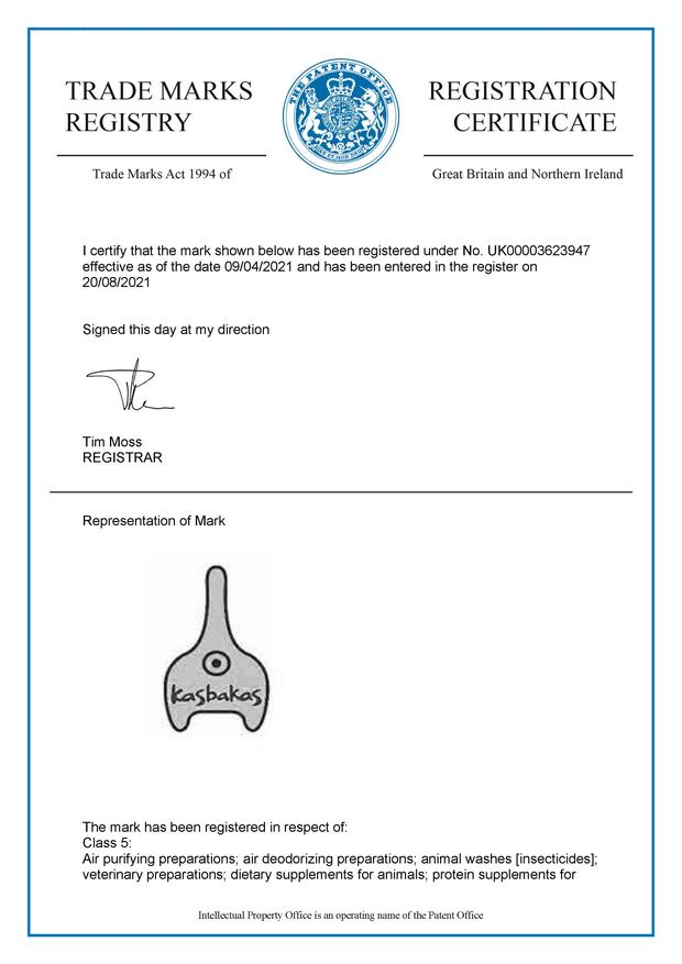Kasbakas UK trademark registration certificate No. UK00003623947