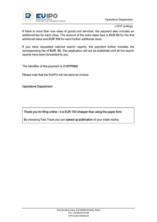 EU trademark application — goods and services, Classes 5 and 31