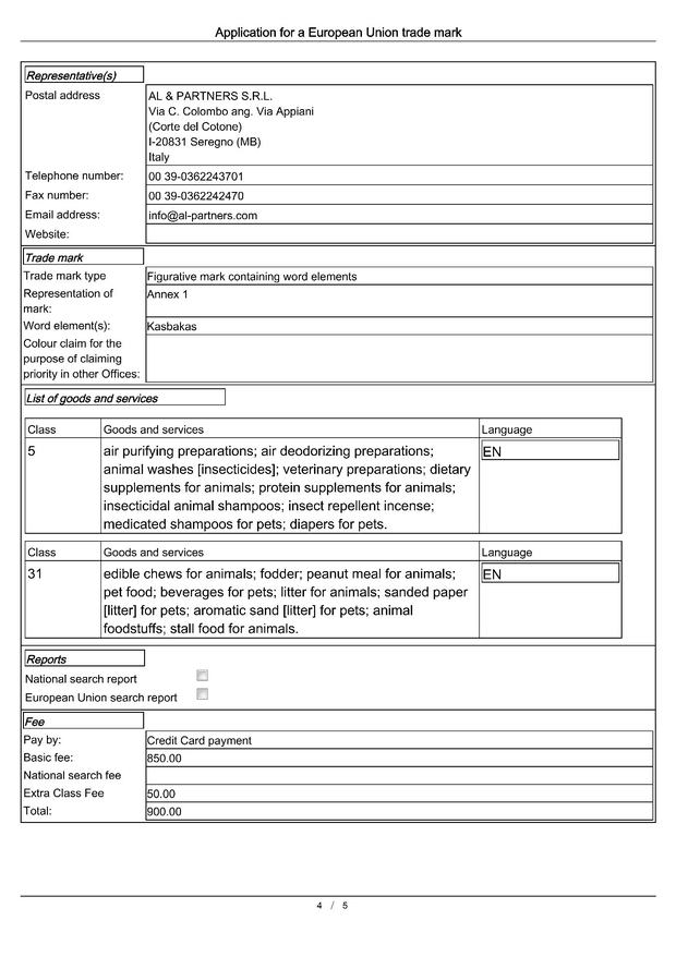 EU trademark application — representative and goods list