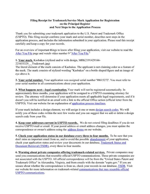 USPTO filing receipt for Kasbakas US trademark application, serial number 90615272