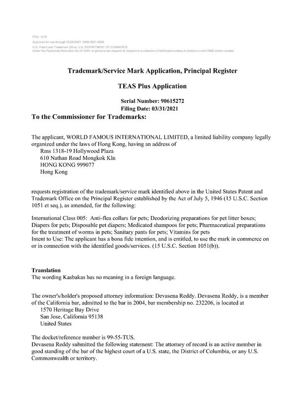 US TEAS Plus trademark application for Kasbakas, serial number 90615272