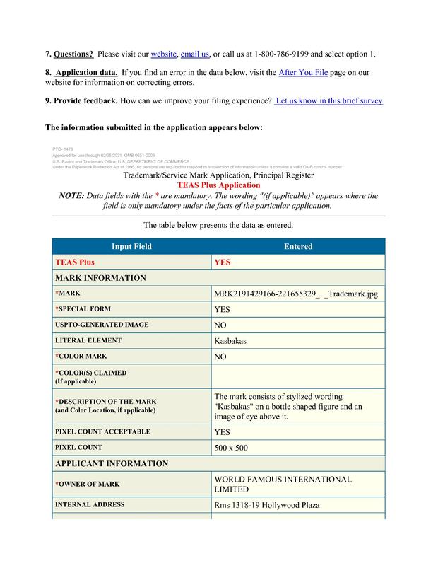 US trademark application — mark information for Kasbakas