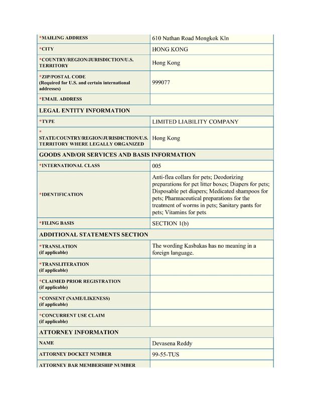 US trademark application — mailing address and Class 5 goods