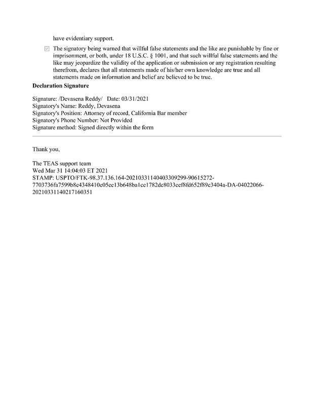 US TEAS filing confirmation for Kasbakas trademark application